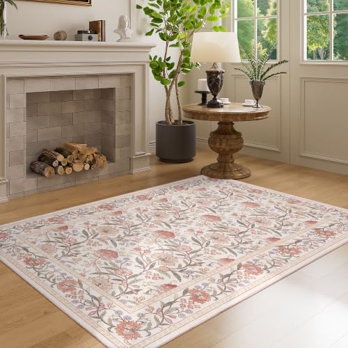 DUKINO 3x5 Rug Washable Vintage Floral Bedroom Area Rug Non Slip Beige Pink - Image 5
