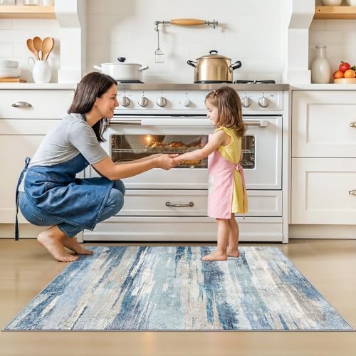 Small Area Rug 2x3 Washable - Modern Abstract Entryway Rugs with Non Slip Backing Low Pile Carpet for Kitchen Living Room Bedroom Soft Indoor Accent Pattern Home Decor Floor Mat for Bathroom 2x3 Blue - Image 2