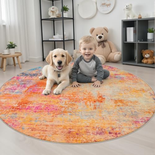 Round Area Rug Living Room: 4 ft Modern Washable Indoor Carpet - Image 3