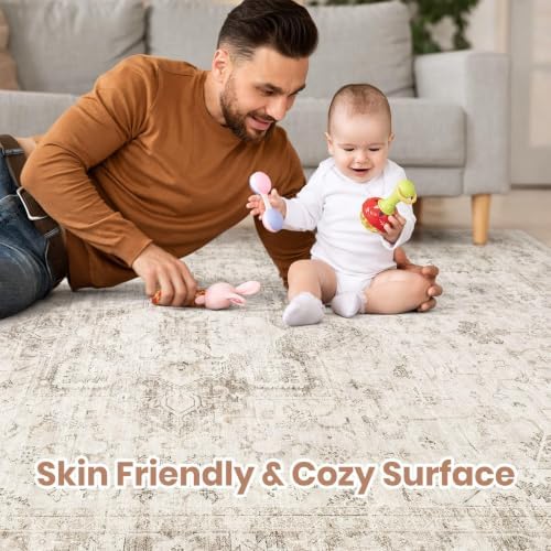 9x12 Area Rug for Living Room, Washable, Traditional, Distressed Beige - Image 4