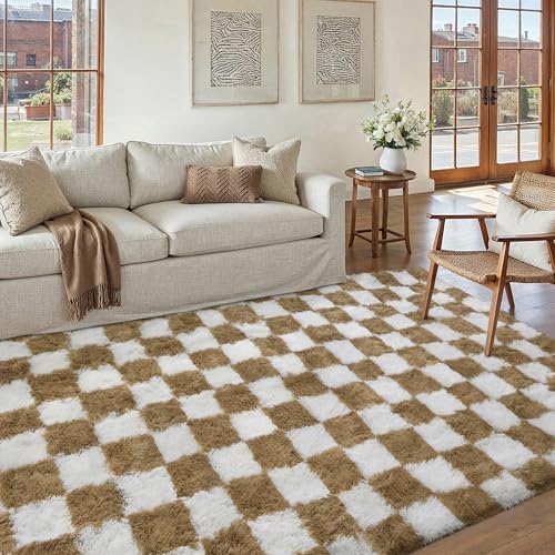PureCozy Brown Area Rug 5x8 for Living Room Soft Checkered Shag Carpet - Image 4
