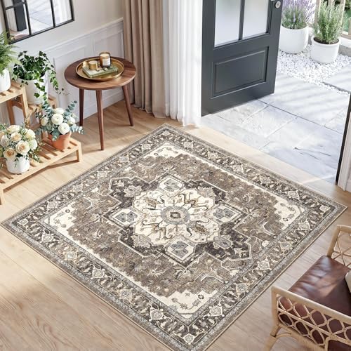 Washable 3x3 Square Rug Entry: Vintage Throw Rugs with Non-Slip Rubber Backing Soft Thin Stain Resistant Carpet for Kitchen Bedroom Entrance Home Decor Floor Mat for Living Room Bathroom (Beige,3x3) by RUUGME