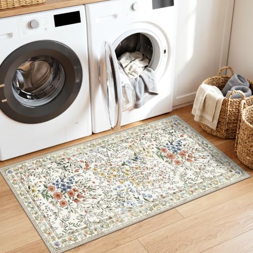 Washable Kitchen Runner Rug 2x4: Vintage Floral Rug for Laundry Room Entryway - Machine Washable Non Slip Low Pile Carpet - Soft Foldable Runner for High Traffic Areas - 2'x4' Beige - Image 3