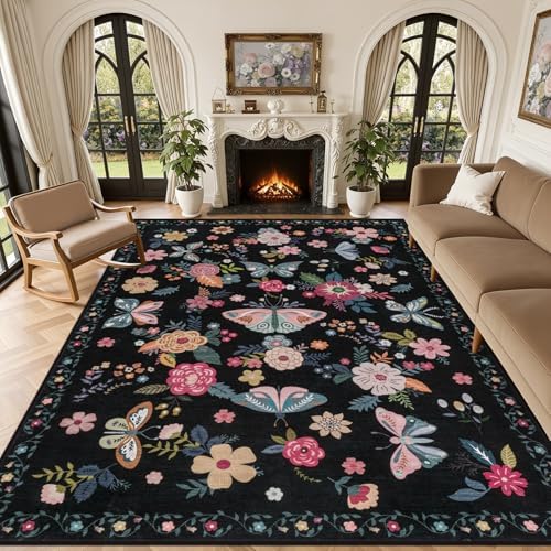 Area Rug 9x12 Living Room: Soft Floral Washable Boho Carpet Black by EXPEDIX
