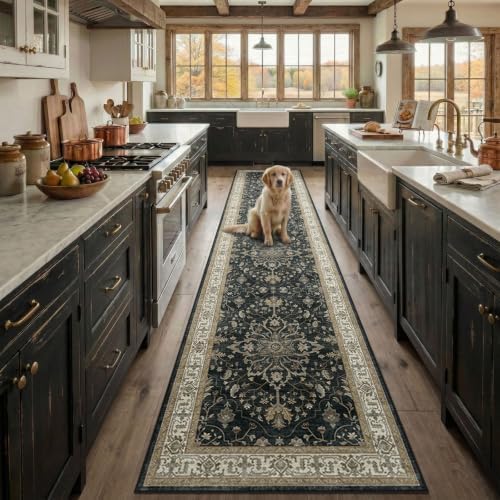 RELEANY Washable Area Rug, Runner 2'6"x12', Black/Vintage/Beige - Image 2