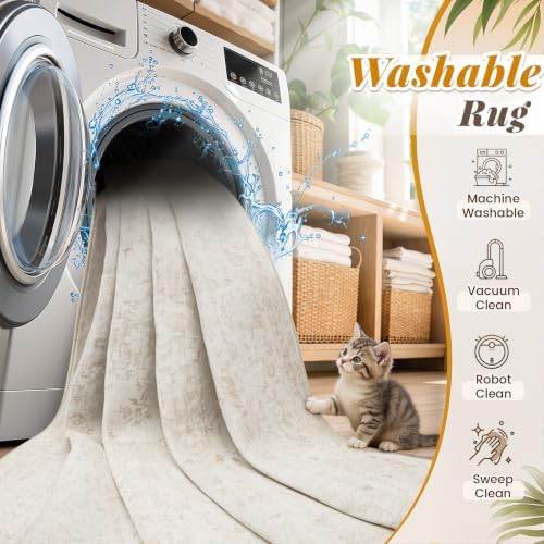 Zomfy 8x10 Area Rugs Washable Rug: Boho Vintage Rug Large Non-Slip Soft Rugs for Living Room Low Pile Retro Medallion Indoor Carpet for Bedroom Nursery Dining Room Dorm Farmhouse Office(Beige, 8'x10') - Image 4