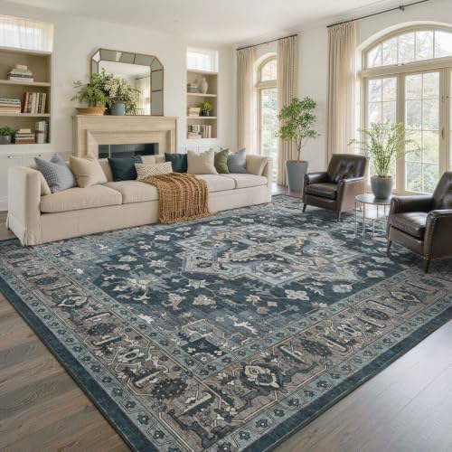 8x10 Ft Large Area Rugs for Living Room, Soft Non-Slip Machine Washable Rug, Vintage Stain Resistant Carpets for Bedroom Nursery Dining Room Home Decor (Blue) by Lo%CC%80utiRootHome