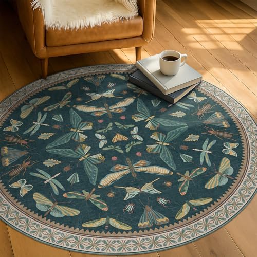 5ft Round Teal Boho Rug for Entryway, Washable Non Slip Area Carpet for Living Room & Kitchen, Vintage Insect Floral Décor, Soft Low Pile - Image 3