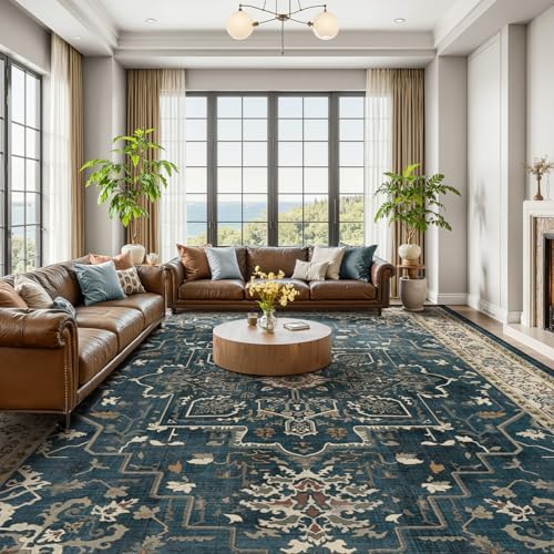 Large 10x14 Area Rugs, Washable Non Slip Big Rug for Living Room Bedroom, Distressed Medallion Vintage Big Carpet Rugs for Dinig Room Family Rooms, Low Pile Thin, Deep Blue/Multi by Jainmy
