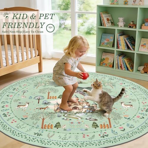 nesrt Fantasy Dragon Round Rugs for Living Room 6Ft Non Slip, Washable Animal Print Dining Room Circle Rugs, Soft Whimsical Nursery Floor Carpets for Playroom Bedroom Office (Green) - Image 2