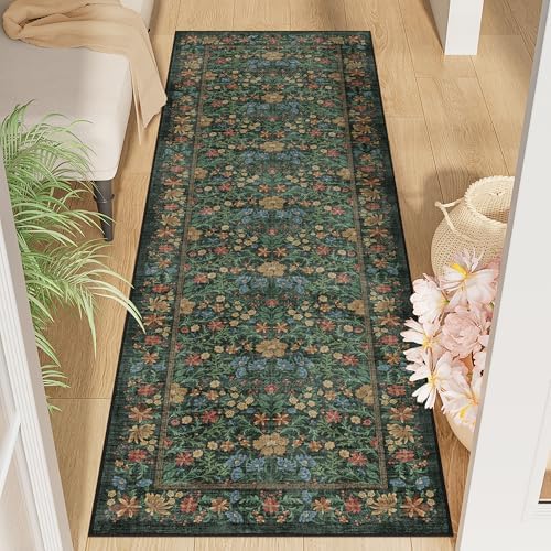 DUKINO 2x6 Runner Rug, Washable Vintage Floral Kitchen Rug, Green by DUKINO