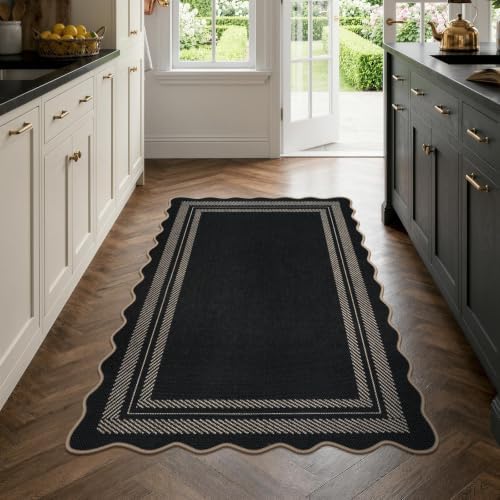 LIVEBOX Scalloped Washable 3x5 Outdoor Rug, Black Easy Jute Rug for Entryway Kitchen, Indoor Non Slip Patio Rugs Farmhouse Neutral Carpet for Bedroom Living Room Backyard Front Door Mat Porch Decor - Image 3