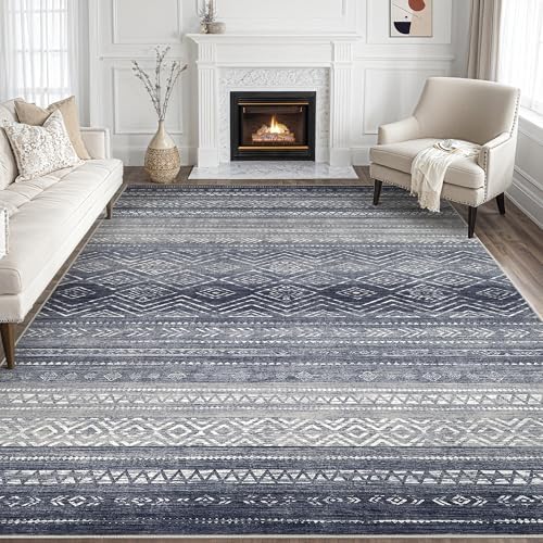 Tortania Area Rug Living Room Rugs- 8x12 Washable Large Soft Neutral Boho Moroccan Bohemian Farmhouse Rug Indoor Floor Carpet for Bedroom Under Dining Table Home Office Decor - Blue Gray by Tortania