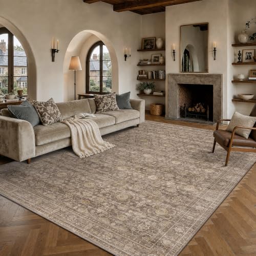 JOOJA 9x12 Neutral Tan Vintage Floral Non Slip Washable Boho Retro Area Rug by JOOJA