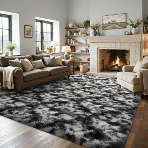 5x7 Area Rugs for Living Room, Black Plush Fluffy Shaggy Bedroom Rugs Non-Slip, Ultra Soft Carpet for Nursery Kids PlayRoom Dorm Office Indoor by Lo%CC%80utiRootHome