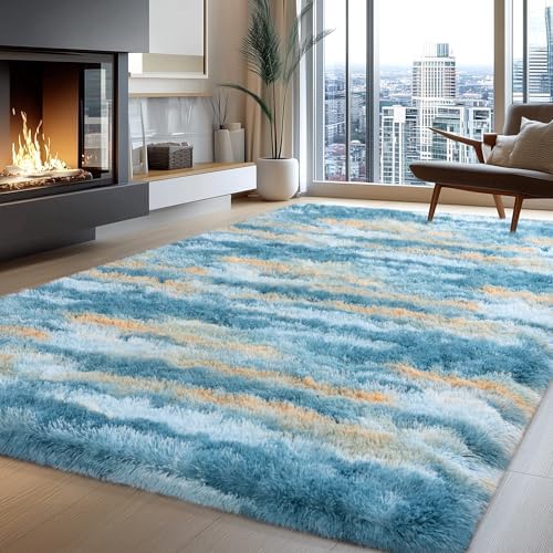 8x10 Abstract Blue Fluffy Rug for Bedroom Living Room Washable Non-Slip - Image 2