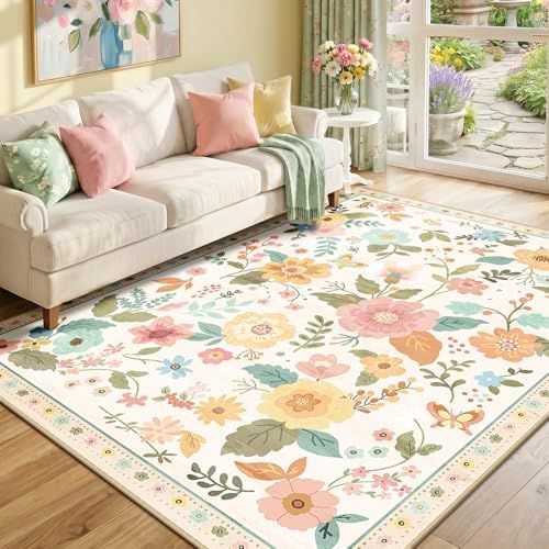 RELEANY Floral Washable 6x9 Area Rugs Beige/White/Orange by RELEANY