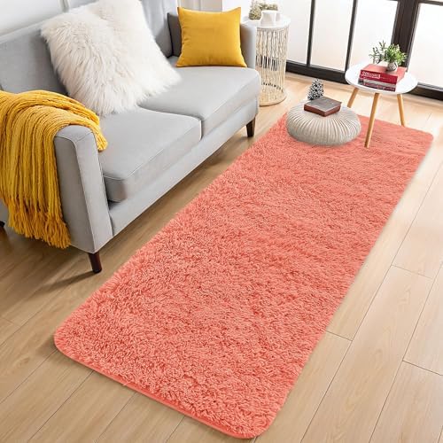 OLANLY 2x4 Machine Washable Runner Rugs for Hallway, Soft Fluffy Shaggy Bedside Rugs for Bedroom, Living Room, Indoor Floor Carpet for Kids Girls and Boys, Home Decor Aesthetic, Coral Red - Image 3