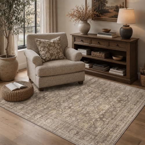 JOOJA 4x6 Neutral Tan Vintage Boho Washable Area Rug, Low Pile Soft Rug - Image 3