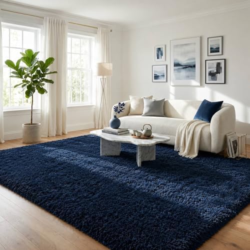 Navy Blue Fluffy Area Rug 5x8 Ft, Washable for Living Room by OHWPEAT