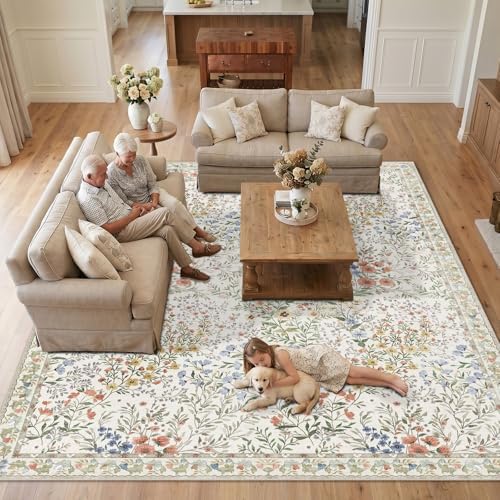 12x12 Square Area Rug Living Room: Boho Floral Washable Mat for Dining Room Bedroom Office High Traffic Area Soft Non Slip Low Pile Indoor Carpet for Vintage Farmhouse Home Decor (12ft Square, Beige) - Image 4