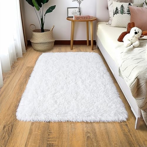 2x3 Small White Fluffy Rug for Bedroom Bedside Entryway Washable Non-Slip by WISHTREE