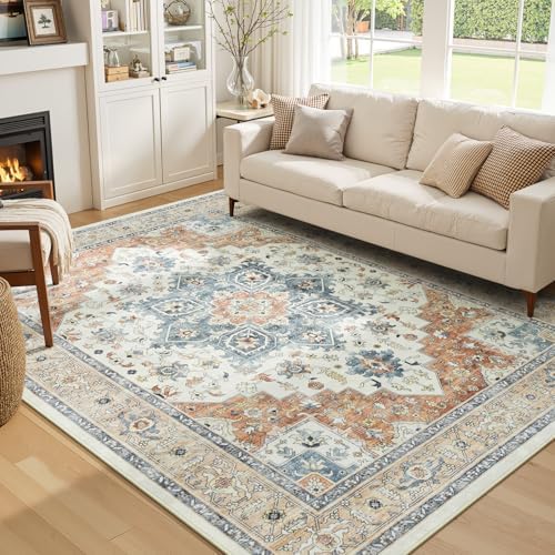 5x7 Area Rugs for Living Room, Boho Washable Rug Beige & Orange - Image 3