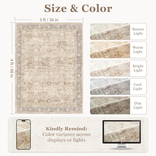 Small Area Rugs 3x4, Neutral Beige Throw Rugs for Kitchen Bathroom Bedroom, Washable Non Slip Ultra Thin Front Indoor Door Mats for Entrance Entryway Foyer, Vintage Farmhouse Earth Tone - Image 2