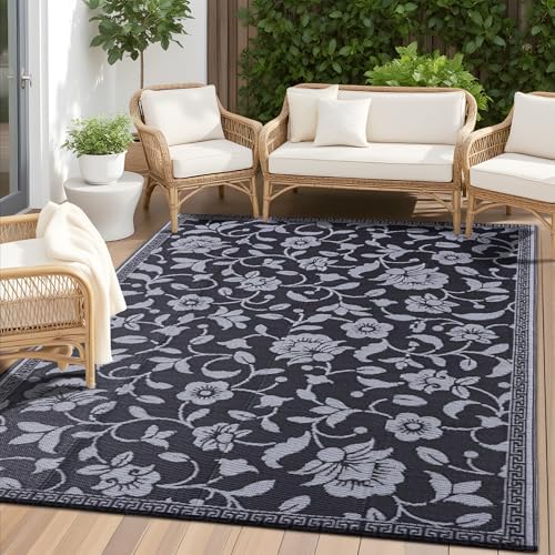 OLANLY Outdoor Rug 4x6 ft Waterproof Reversible Floral Mat, Black & Grey by OLANLY