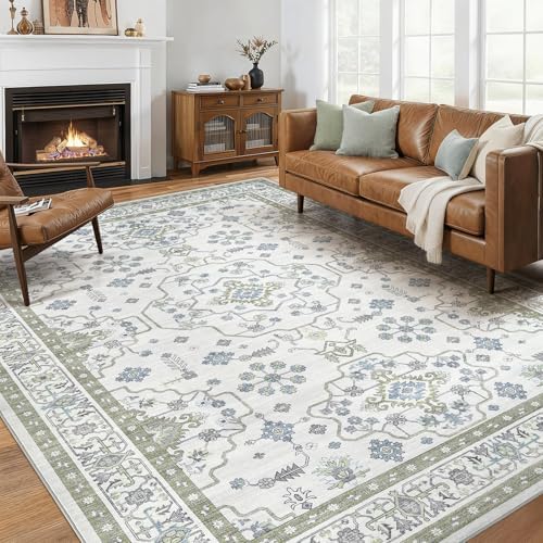 Area Rug 10x12 for Living Room - Washable Oriental Vintage Floral Distressed Large Indoor Carpets with Non Slip Back for Bedroom Dining Room Nursery Office Home Decor -Light Green by homewill
