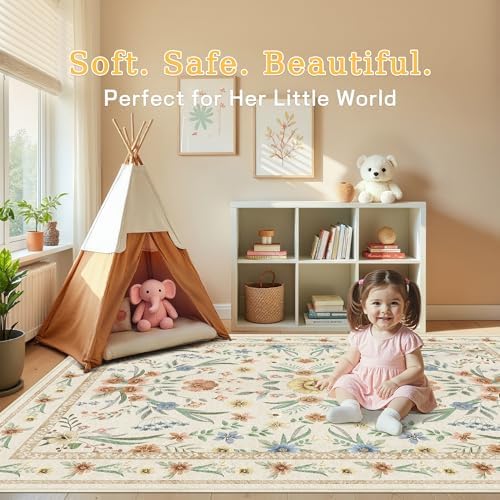 Beige Floral Washable Rug 7x9 – Large Vintage Boho Non-Slip Carpet, Soft Low Pile Thin Stain Resistant Area Rug for Living Room, Bedroom, Dining Room, Nursery, Farmhouse, Home Office - Image 6