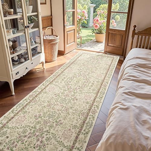 jinchan 3x10 Washable Hallway Runner Rug, Floral Non-Slip, Pastoral Green - Image 2