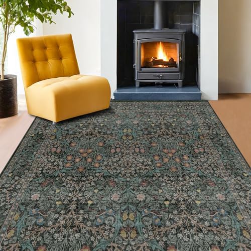 Dining Room Rugs for Under Table - 6x8 Washable Dark Green Area Rug for Living Room, Low Pile Non-Slip Floor Carpet for Bedroom - Vintage Design & Stain Resistance - Image 3