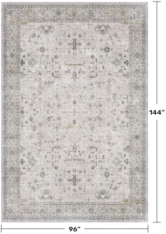 Boho Large Living Room Rug 8x12 - Washable Low Pile Area Rug for Dining Room, Neutral Light Gray & Sage Bedroom Carpet, Distressed Vintage Floral Design, Low Pile Stain Resistant - Image 2