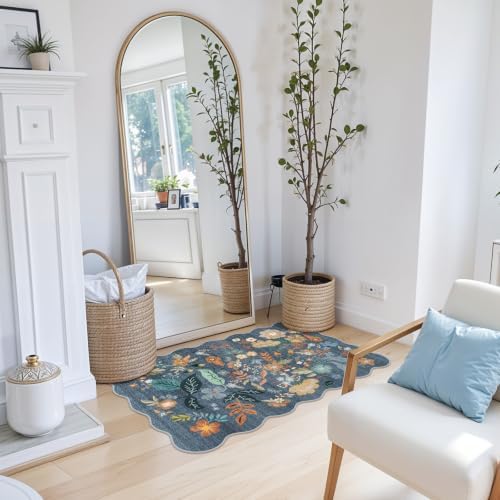 Washable Rug 2x3 for Entryway: Floral Scalloped Bathroom Rug Blue - Image 6