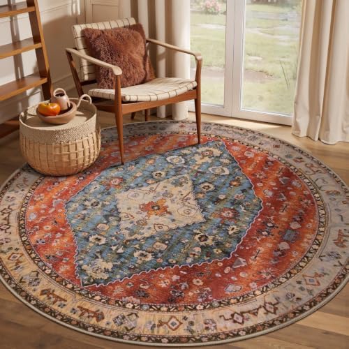 SERISSA 4ft Washable Non Slip Round Boho Area Rug for Bedroom by SERISSAHomeDecorCollection