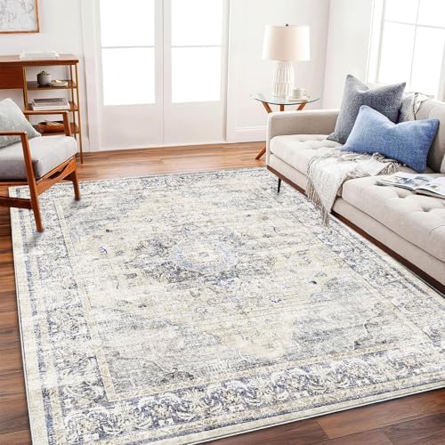 CHAMPLANT Area Rug 6'x9' Washable Floral Blue Vintage Traditional Floor Cover Thin Retro Kitchen Indoor Distressed Non Slip Carpet for Living Room Bedroom Dining Room by CHAMPLANT