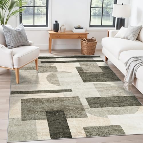 TOPRUUG Area Rug 5x6 Washable: Geometric Non-Slip Low Pile Rugs for Living Room Large Kitchen Bedroom Office - Ultra Soft Modern Aesthetic Home Decor (Beige/Olive Green/Gray, 5X6) by TOPRUUG