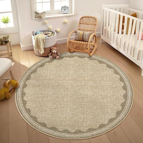 GarveeHome Scalloped Edge Circle Solid Tan Jute Digital Printing 5ft Round Rug Washable Non-Slip Soft Ultra-Thin Modern Carpet for Living Room Kitchen Bedroom Nursery Dining Room - Image 2