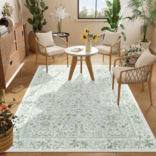 DUKINO 3x5 Rug Washable Vintage Floral Bedroom Area Rug Non Slip Sage Green - Image 5