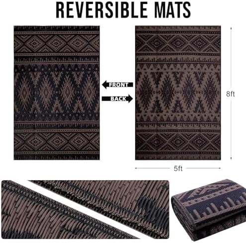 OLANLY Outdoor Rug 5x8 ft Waterproof Reversible Boho Mat, Black & Brown - Image 2