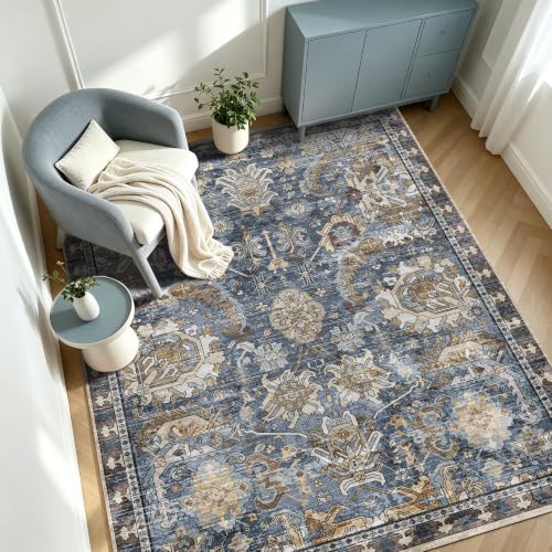 RUGSURE Washable Area Rugs - Perfect for Living Room, Bedroom, Kids Room, Nursery - Stain & Water Resistant Non-Slip, Pet & Child Friendly, Vintage Tribal Area Rugs (Navy, 5' x 7') - Image 3