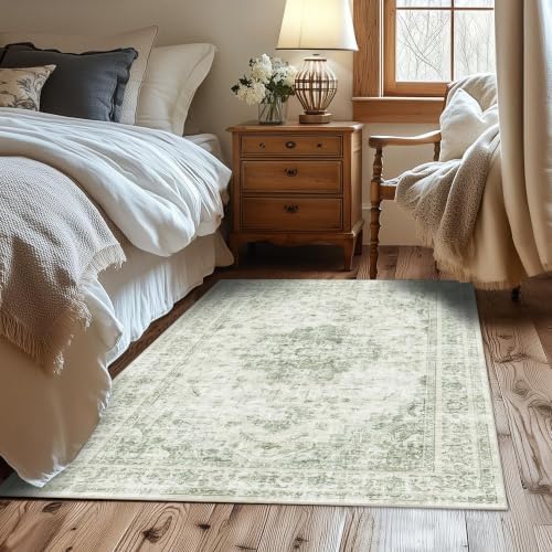 4x6 Washable Bedroom Area Rug Non-Slip Medallion Green Throw Carpet - Image 2