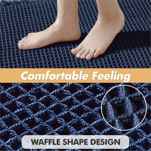 MIULEE Set of 2 Waffle Bathroom Rugs Navy Blue Bath Mat 17"x24"+17"x48" - Image 5