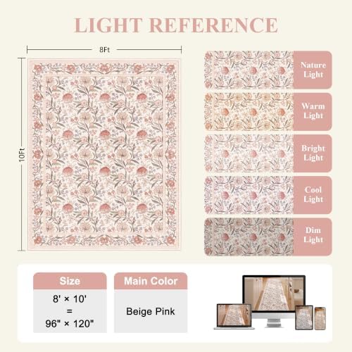 DUKINO 8x10 Area Rug Vintage Floral Washable Rug for Living Room Beige Pink - Image 2