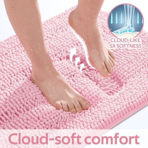 ACCUMTEK Christmas Striped Pink Bathroom Rug Mat Set 2 piece 32"x20"+60"x20" Ultra Soft, Non Slip Chenille Bath Rugs, Absorbent Plush Shaggy Bath Mats for Bathroom, Bedroom, Kitchen, Shower, Tub - Image 4