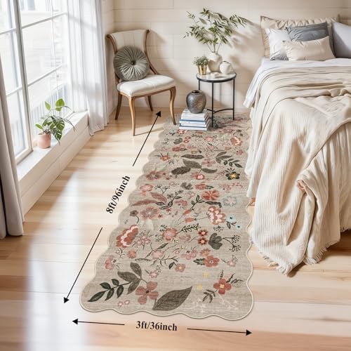 3x8 Washable Non-Slip Runner Rug: Floral Scalloped Wide Kitchen Rugs Brown - Image 2
