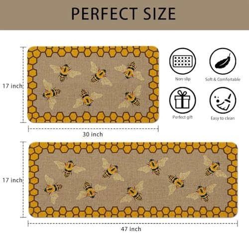 Summer Bee Kitchen Rugs Sets of 2 Non Slip Washable, Farmhouse Rustic Summer Kitchen Mats for Floor 2 Piece Home Decor - Image 3