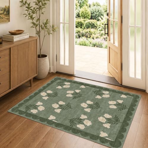 3x4 Floral Entry Rug - Small Washable Indoor Outdoor Mats for Front Door Non-Slip Spring Porch Rug Sage Green Farmhouse Throw Rugs for Living Room Bedroom Entryway Kitchen Office Porch Decor by Othilic