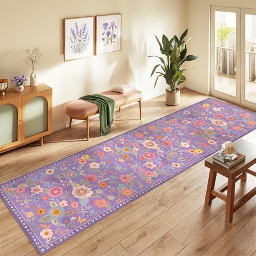 Floral Washable 2x10 Area Rugs Runner Entryway Hallway Purple/Pink by RELEANY